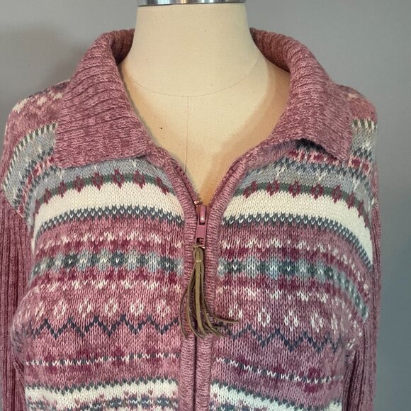 Vintage 90s Fair Isle Nordic Zip Up Cotton & Ramie Knit Cardigan - Picture 2 of 10